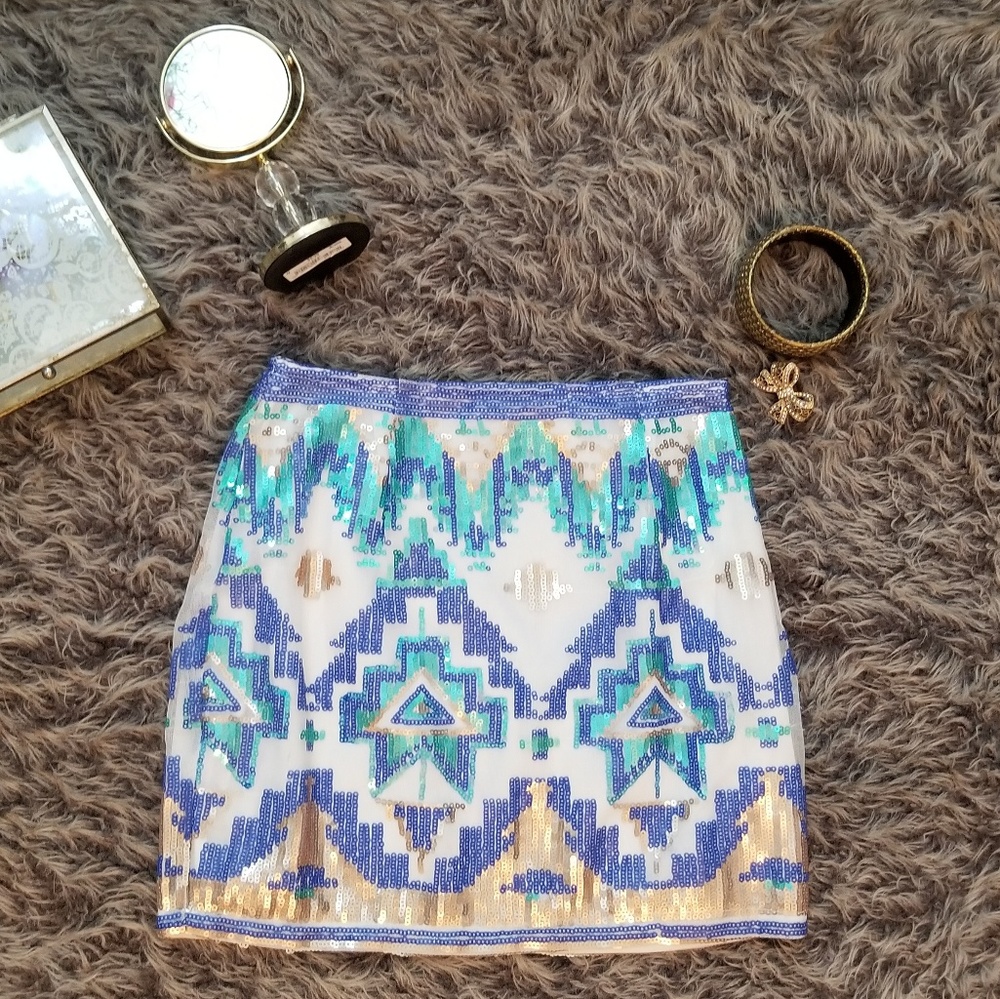 TOBI Aztec Printed Sequin Mini Skirt